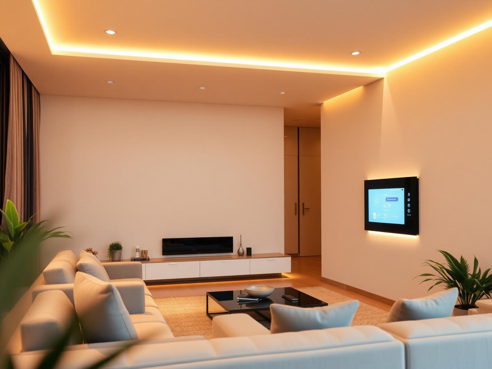 Nowoczesny salon z inteligentnym oświetleniem i panelem smart home
